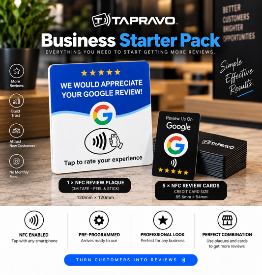 TapRavo Business Starter Pack – 1 NFC Review Plaque + 5 Review Cards
